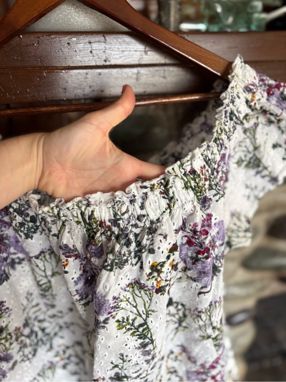 Violeta by Mango Floral Eyelet Off Shoulder Blouse White Purple M - Picture 3 of 8